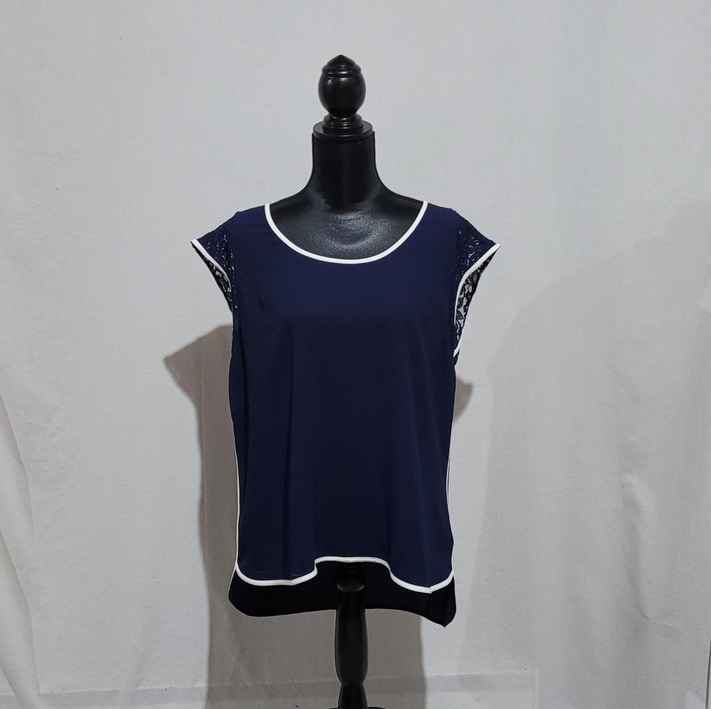 Michel Studio shirt cap sleeve blouse tank top summer navy blue lacy NWT new